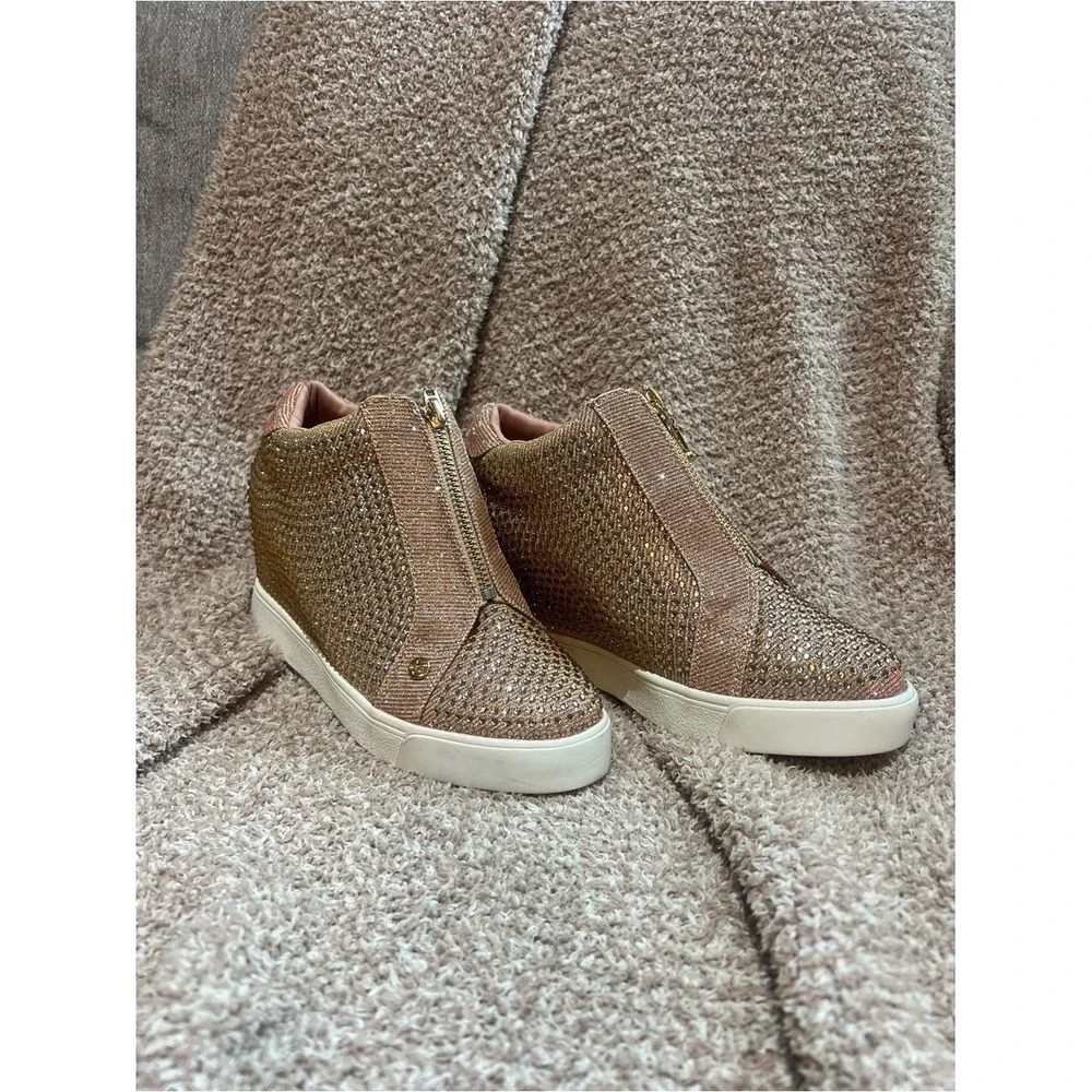 Juicy‎ Couture Women's Joanz Rose Gold Rhinestone Wedge Sneakers - Size 6